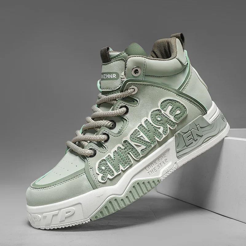 Mens Skate Shoes Flat High-top Leather Comfortable Outdoor Walking Casual Footwear Trendy High-top Lace-up Tennis Sneakers Man - Melo