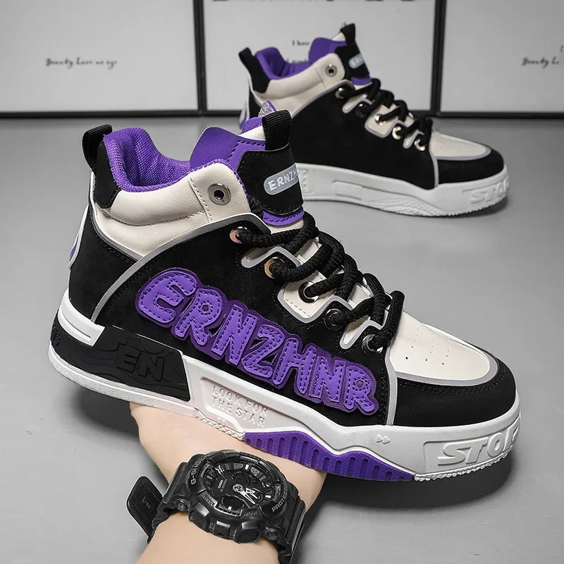 Mens Skate Shoes Flat High-top Leather Comfortable Outdoor Walking Casual Footwear Trendy High-top Lace-up Tennis Sneakers Man - Melo