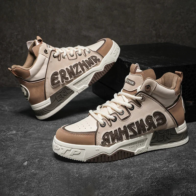 Mens Skate Shoes Flat High-top Leather Comfortable Outdoor Walking Casual Footwear Trendy High-top Lace-up Tennis Sneakers Man - Melo