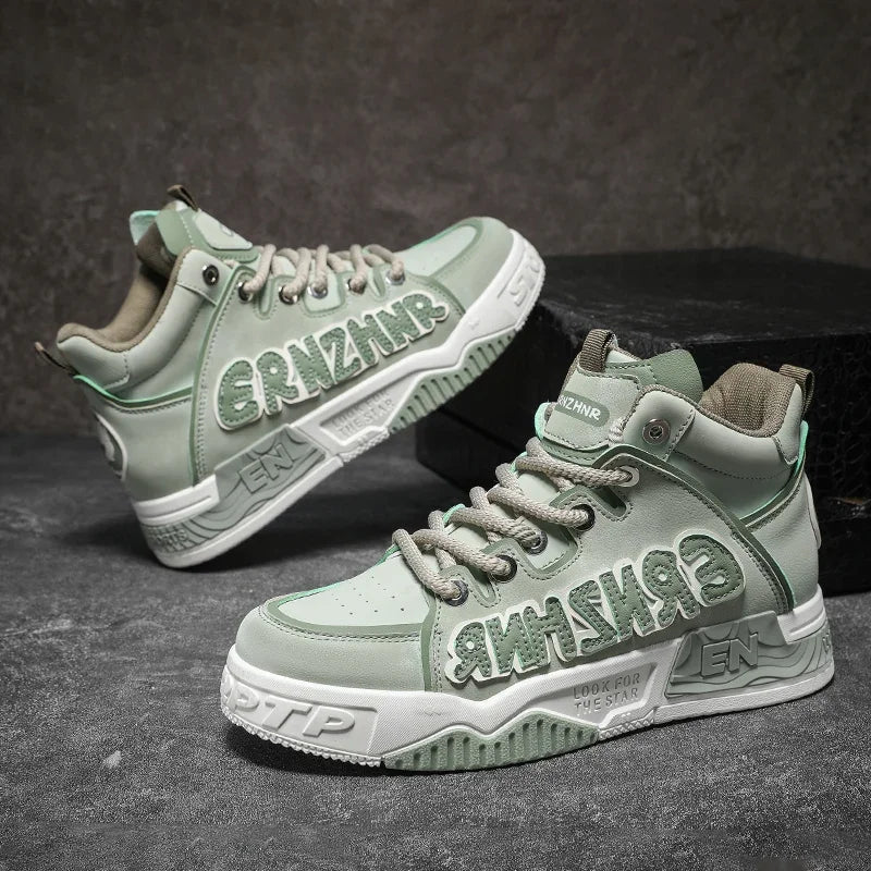 Mens Skate Shoes Flat High-top Leather Comfortable Outdoor Walking Casual Footwear Trendy High-top Lace-up Tennis Sneakers Man - Melo