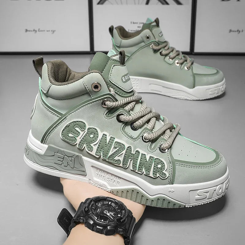 Mens Skate Shoes Flat High-top Leather Comfortable Outdoor Walking Casual Footwear Trendy High-top Lace-up Tennis Sneakers Man - Melo