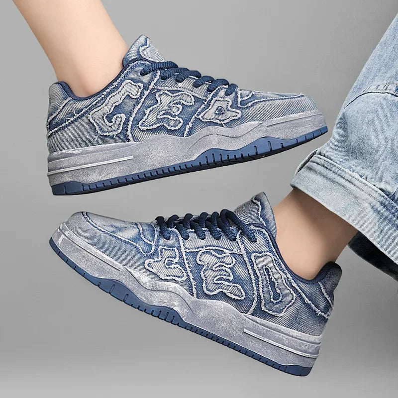 2024 Summer New Washed Denim Couple Shoes with Soft Sole Casual Dirty Board Shoes Non-slip Wear-resistant Sports Shoes for Men - Melo