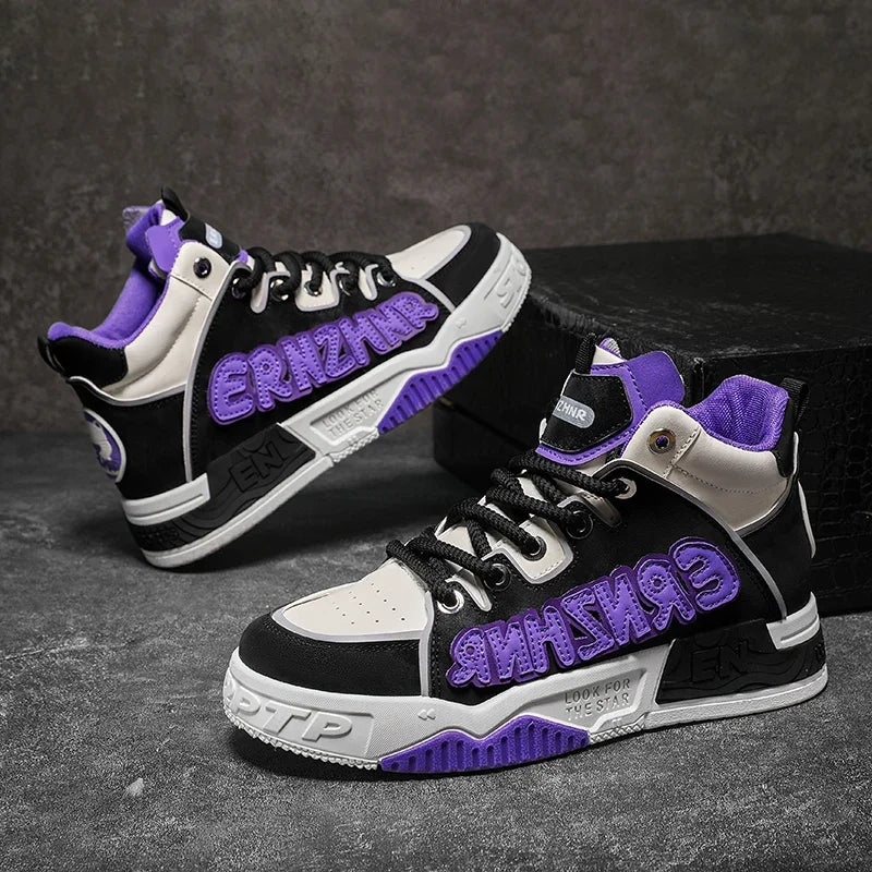 Mens Skate Shoes Flat High-top Leather Comfortable Outdoor Walking Casual Footwear Trendy High-top Lace-up Tennis Sneakers Man - Melo