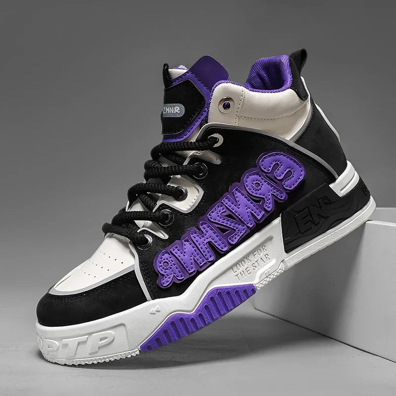 Mens Skate Shoes Flat High-top Leather Comfortable Outdoor Walking Casual Footwear Trendy High-top Lace-up Tennis Sneakers Man - Melo